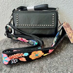 Sam & Hadley Black Studded Embroidered Floral Crossbody   NEW Boho Cottage Biker